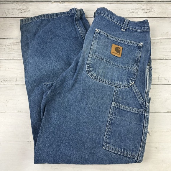 VTG Carhartt B13 dst Mens 34x30 blue work denim jeans utility carpenter USA 2004 - Picture 1 of 16